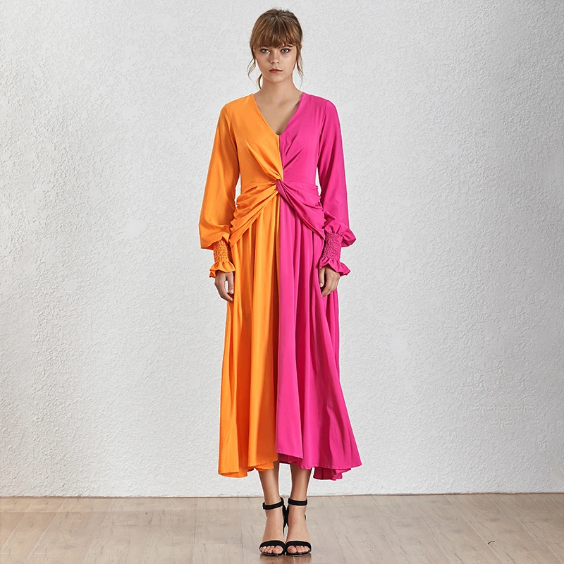 TWOTWINSTYLE весеннее популярное цветное женское платье с v-образным вырезом и рукавом-фонариком, приталенные платья длиной до щиколотки, Женская мода, новинка