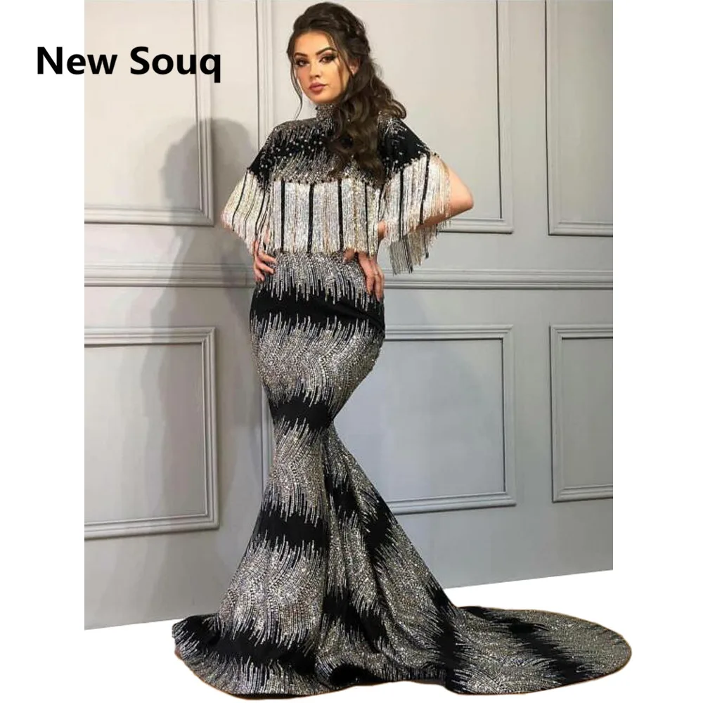 Shining Tassel Sequined High Neck Mermaid Evening Dresses Saudi Arabic