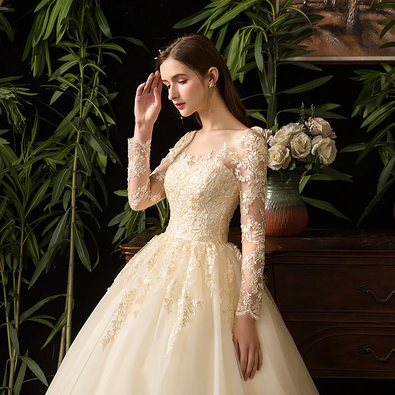 Elegant Champagne Embroidery Lace Wedding Dress Robe De Mariee Sweetheart Ball Gown Plus Size Bridal Dress Vestido De Noiva 32