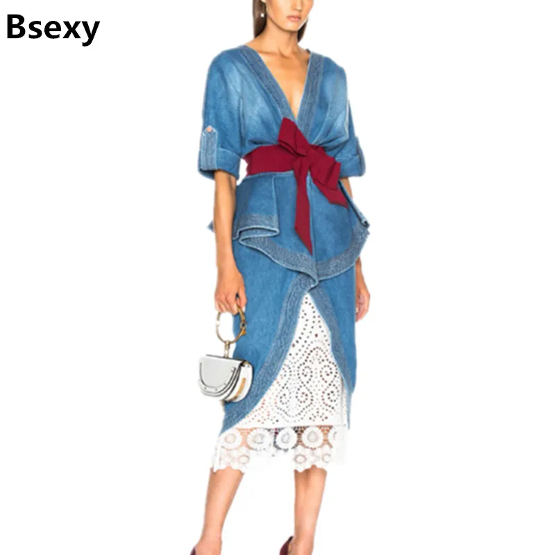 Сексуальное элегантное женское джинсовое платье, подиумное платье с двойным v-образным вырезом и открытой спиной, с рюшами, с поясом, платье миди, с разрезом спереди, женские джинсы Vestidos