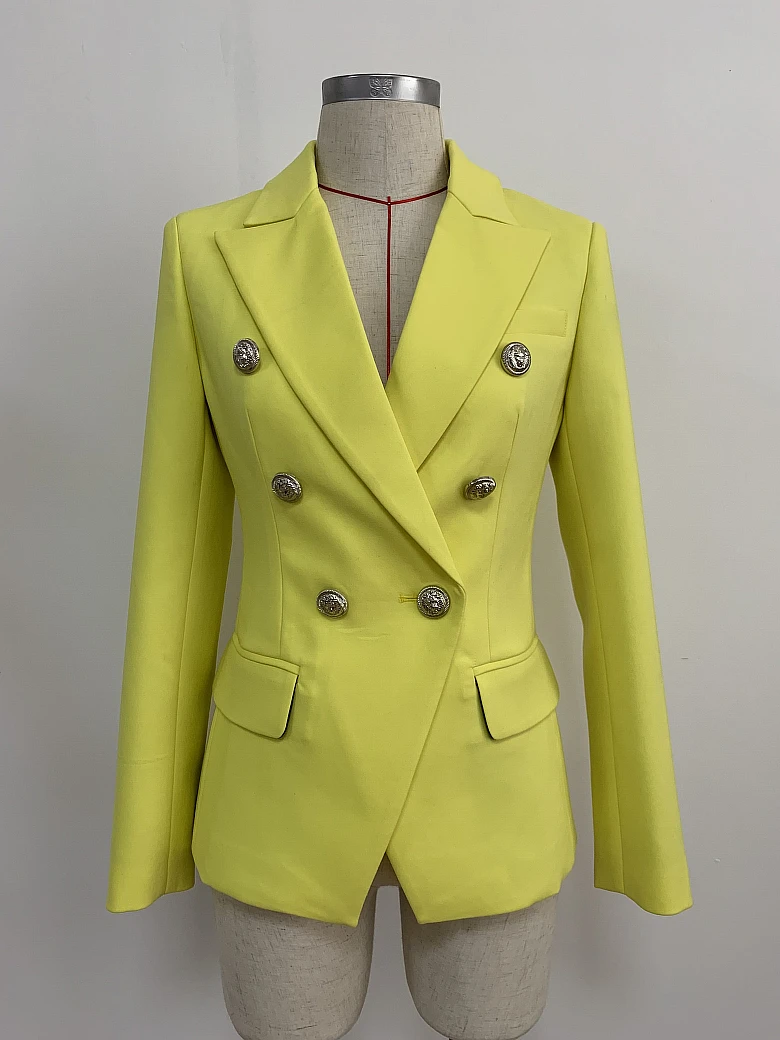 Новинка, Модный классический дизайнерский пиджак, женский двубортный желтый пиджак с металлическими пуговицами и изображением Льва