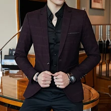 Plaid Check Blazer Men Gold Yarn Spring Autumn Blazer Masculino Slim Fit Chaquetas Hombre De Vestir Mens Vintage Blazer