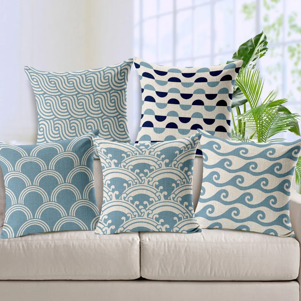Ocean Wave Cushion Covers Blue Style Throw Pillows Cases Linen Cotton