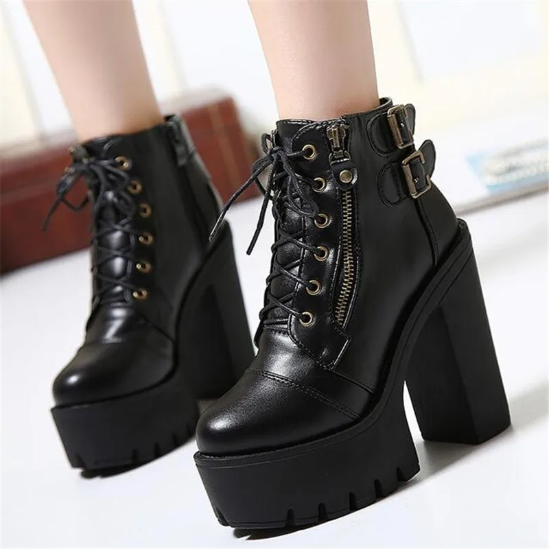 

Hot Sale Russian Shoes Black Platform Boots Women Zipper Spring High Heels Shoes Lace Up Ankle Boots Leather Size 35-40