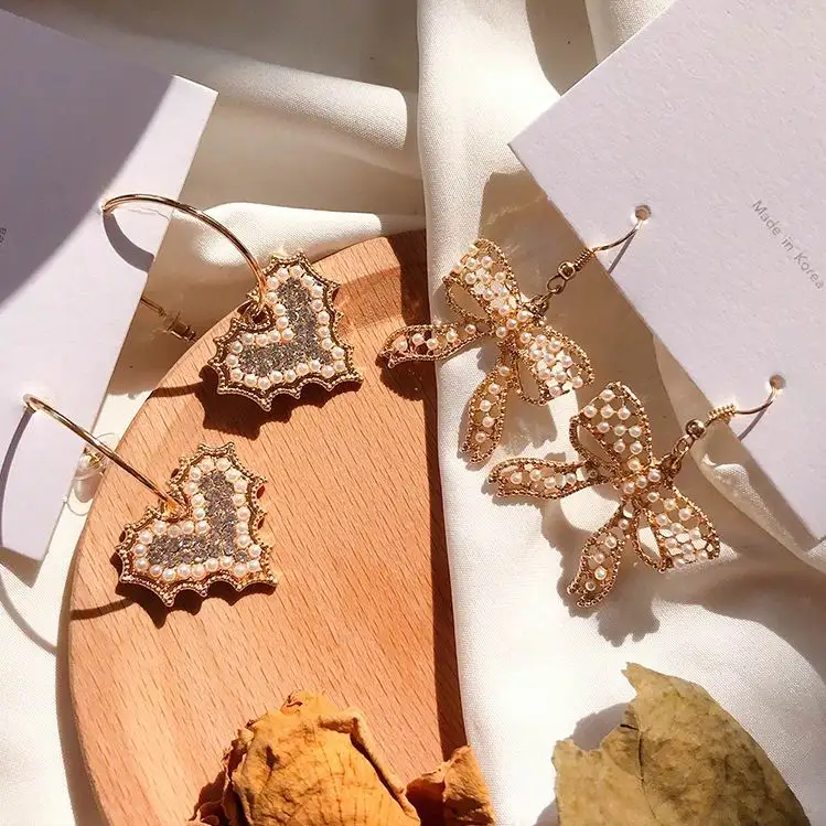

Korea Rhinestone Love Heart Drop Earrings For Women Fashion Jewelry Simulated Pearl Bowknot Vintage Oorbellen