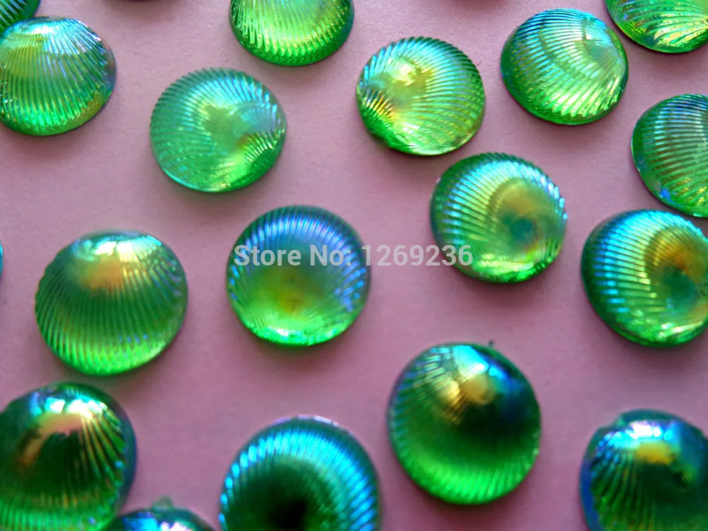 

Rhinestone Round flatback shell pattern 10mm green AB colour No holes Acryl crystal peacock tail surface 200pcs/bag b604