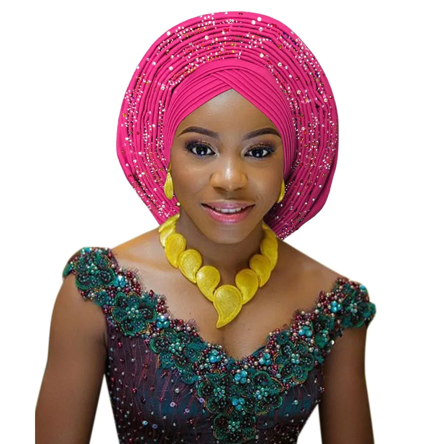 Африканский головной убор нигерийский головной убор с бисером камни Авто геле Африканский гель для свадебной вечеринки - Цвет: rose red