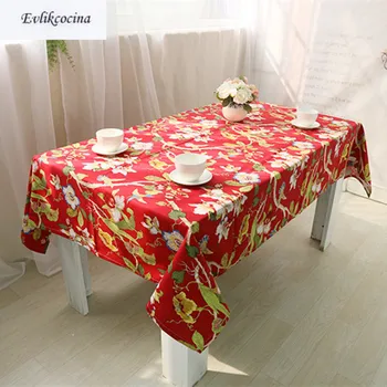 

Free Shipping Flowers Birds Red Tablecloth Home/Hotel/Diner Table Cover Mantel De Mesa Multifunction Printed flax Covered Cloth