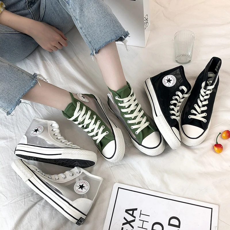 

GYP women fashion sneakers white high canvas transparent breathable Lace-Up Outdoor Lawn flat shoes zapatos de mujer MM-61