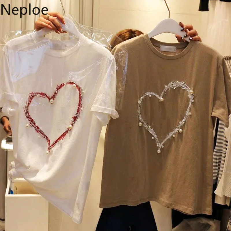 

Neploe Heart Pattern Beading T Shirts Women New O-Neck Short Sleeve Ladies Tops Loose Korean Cotton Tees 43777