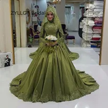ZYLLGF Bridal Ball Gown High Neck Hijab Evening Dress Sweep Train Arabic Evening Gowns Muslim Formal Gowns With Appliques DR81