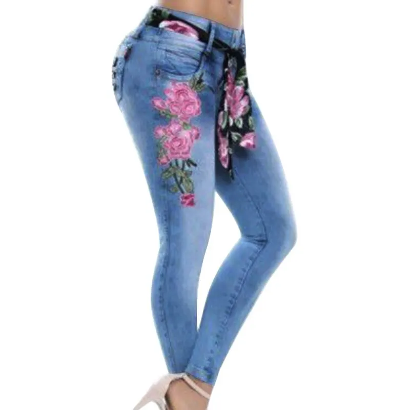 Богемные джинсы размера плюс 5XL, женские сексуальные джинсы-скинни с цветочной вышивкой, джинсовые брюки-карандаш, повседневные джинсы с высокой талией
