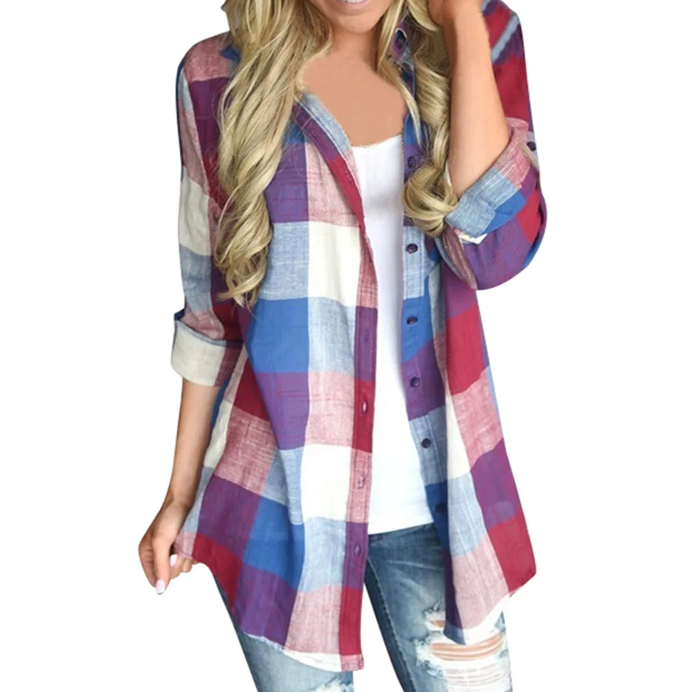 

FREE OSTRICH Women Casual Matching Color Long Sleeve Button Loose Plaid Shirt Blouse Top Fashion Women Blouse 2019 Spring New