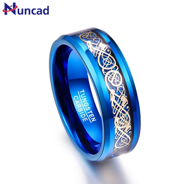 Nuncad Men S 8mm Blue Tungsten Carbide Wedding Band Rings Gold Nuncad Men S 8mm Blue Tungsten Carbide Wedding Band Rings Gold Celtic Dragon Carbon Fiber Beveled