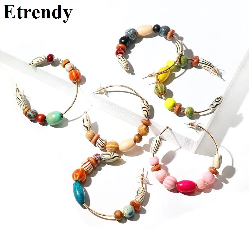 

Bohemian Earrings For Women Ethnic Colorful Wooden C Shaped Ear Jewelry