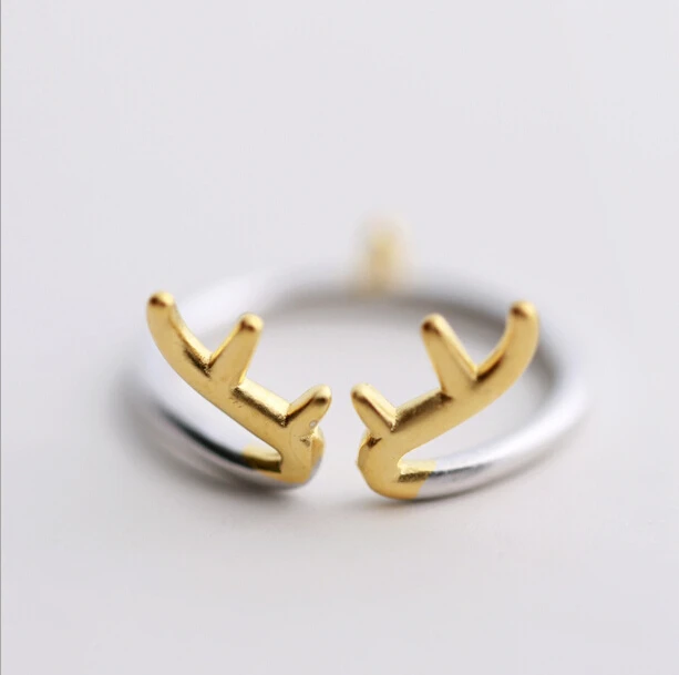 RI106 Antlers Cute 100% 925 sterling silver Jewelry Genuine  Vintage Adjustable rings for women Christmas