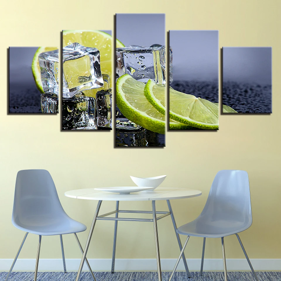 

Canvas Prints Pictures Kitchen Wall Art 5 Pieces Fruit Lemon Ice Cubes Paintings Home Decor Food Drink Poster Unframed