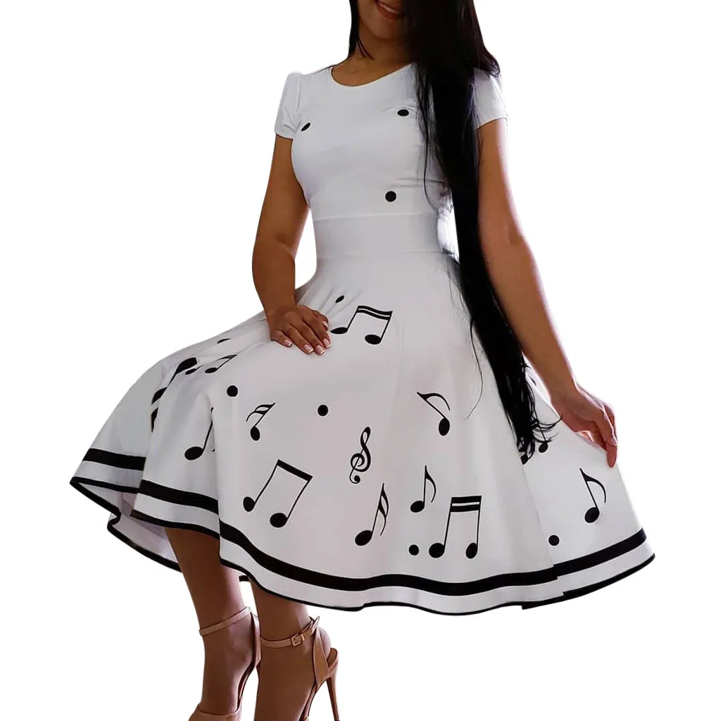 

Jaycosin clothes Women print dresses Musical Note Print Sleeveless O Neck Dress Evening Party Dress