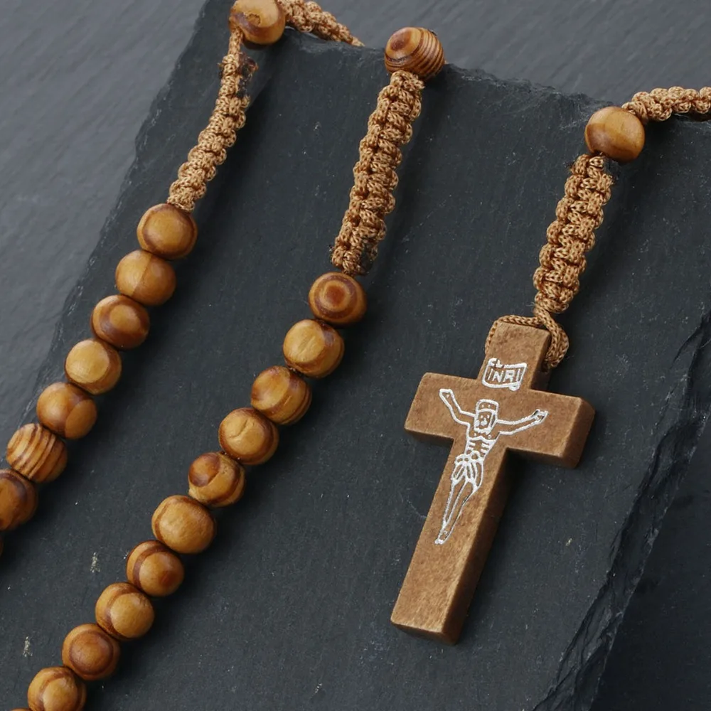 Men/'s Women/'s Wood Necklace Rosary with cross Jesus cross Pendant Necklace New
