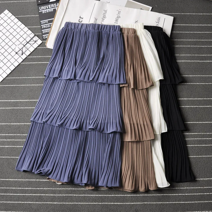 

2019 Spring New Arrival Korean Style All Match Slim Loose High Waist Pleated Skirt Sweet Layer Skirt Long Black Free Shipping
