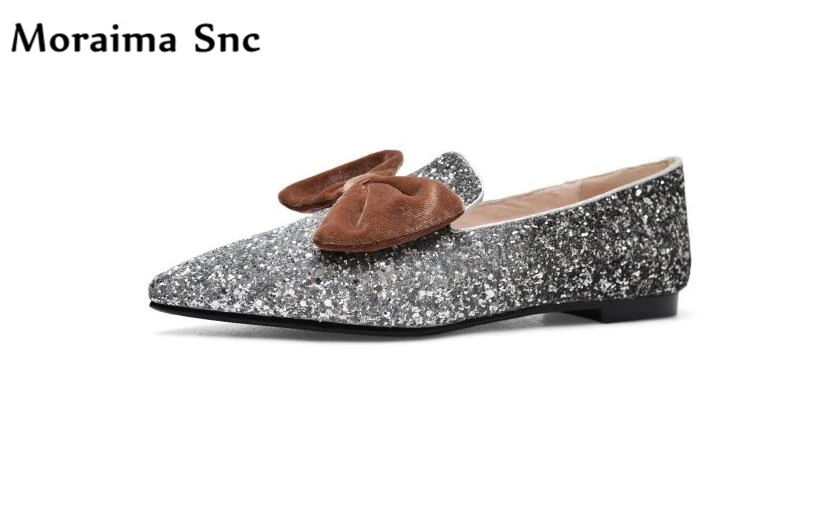 

Moraima Snc 2018 Spring Autumn chic ladies flats slip-on concise type bling Butterfly-knot Decoration pointed toe cause shoes