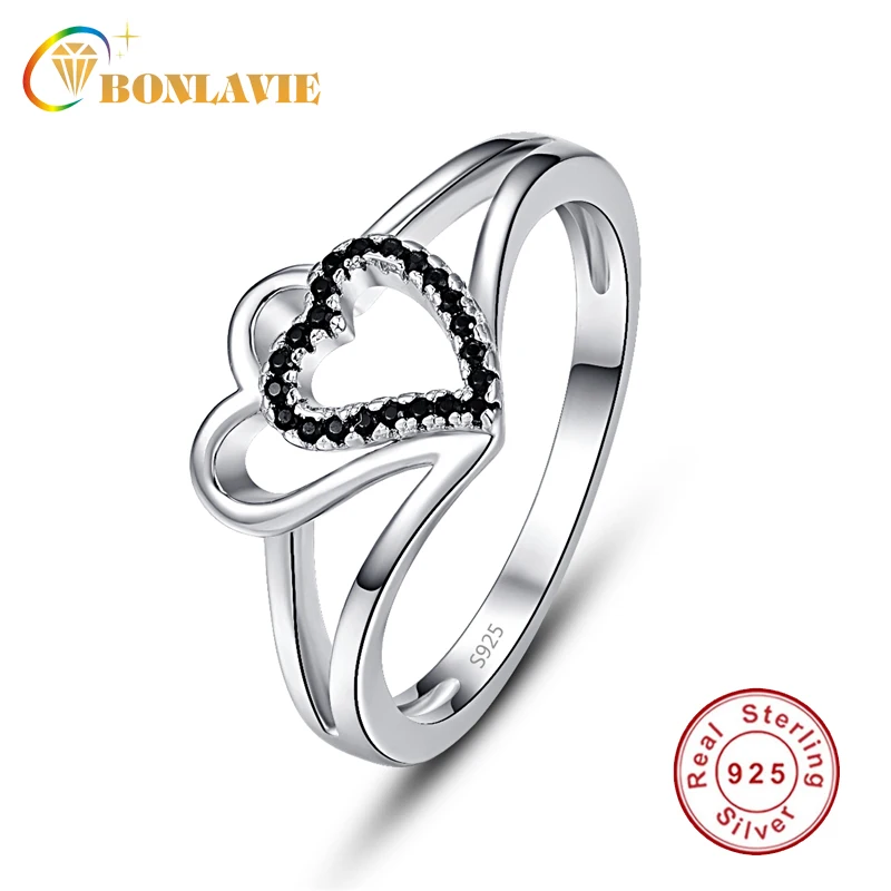 BONLAVIE женское серебряное кольцо 925 Двойное сердце черный кристалл CZ панк кольца