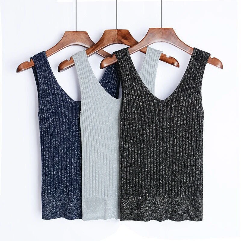 

Sexy Backless Knitted Tank Tops Women Club Silver Thread V-neck Vest Elegant Back Bandage Elasticity Casual Tops Female 2018