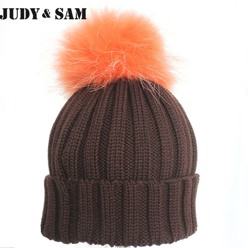 Buy Super Quality 100 Merino Wool Hat with Genuine Raccoon Fur Pom Poms For