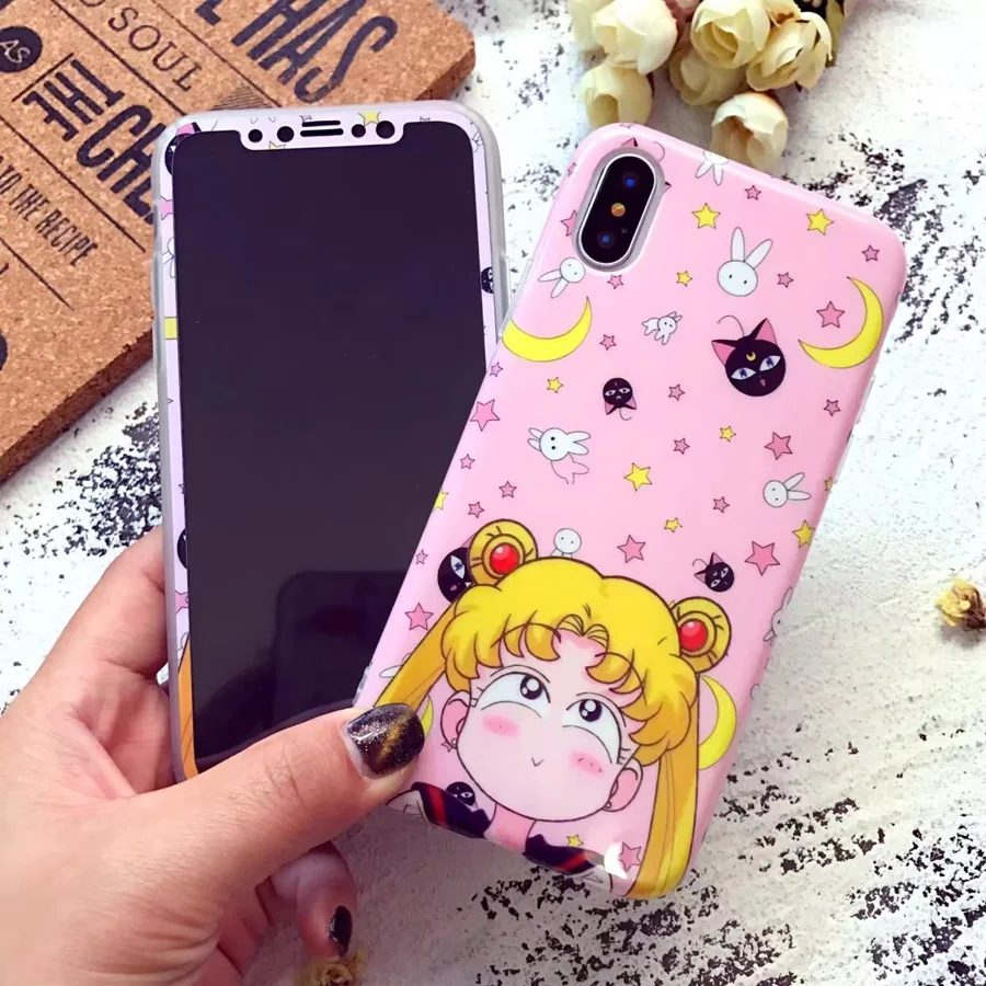 For iPhone X Cute Sailor Moon phone Cases Cover + Tempered Glass Screen film for 5.8inch Cartoon pink case |