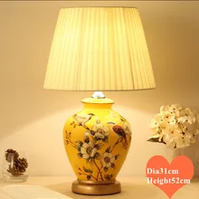 Китайский стиль цветок и птица желтый керамический Настольный светильник желтый тканевый абажур E27 Светодиодный светильник для прикроватной тумбочки и фойе и студии MF010