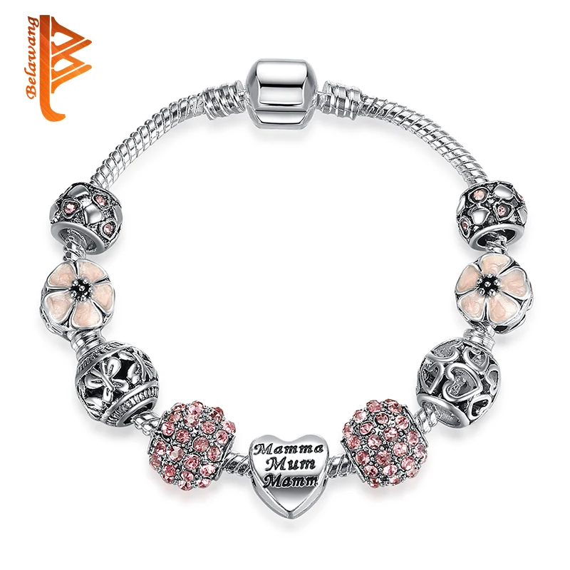 

BELAWANG 925 Silver Charm Bracelet For Women With Flower and Crystal Heart Beads Bracelet Original Mother's Day Jewelry Gift