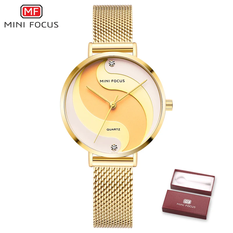 MINIFOCUS Watch Women Fashion Dress Quartz Watch Luxury Brand Ladies Full Steel Mesh Strap Waterproof Watches Female reloj mujer - Цвет: Золотой