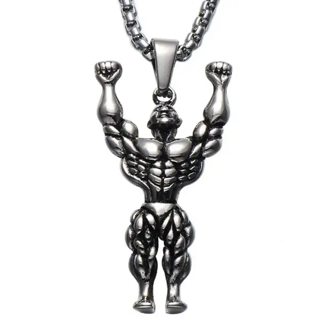 Stainless Steel Figure Fitness Pendant Necklace Muscle Man Bodybuilding