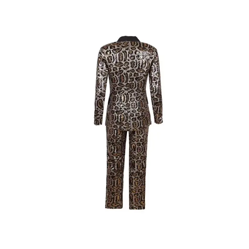 Новое поступление Модные леопардовые костюмы женские с длинным рукавом с v-образным вырезом роскошные прямые женские комплекты из двух предметов