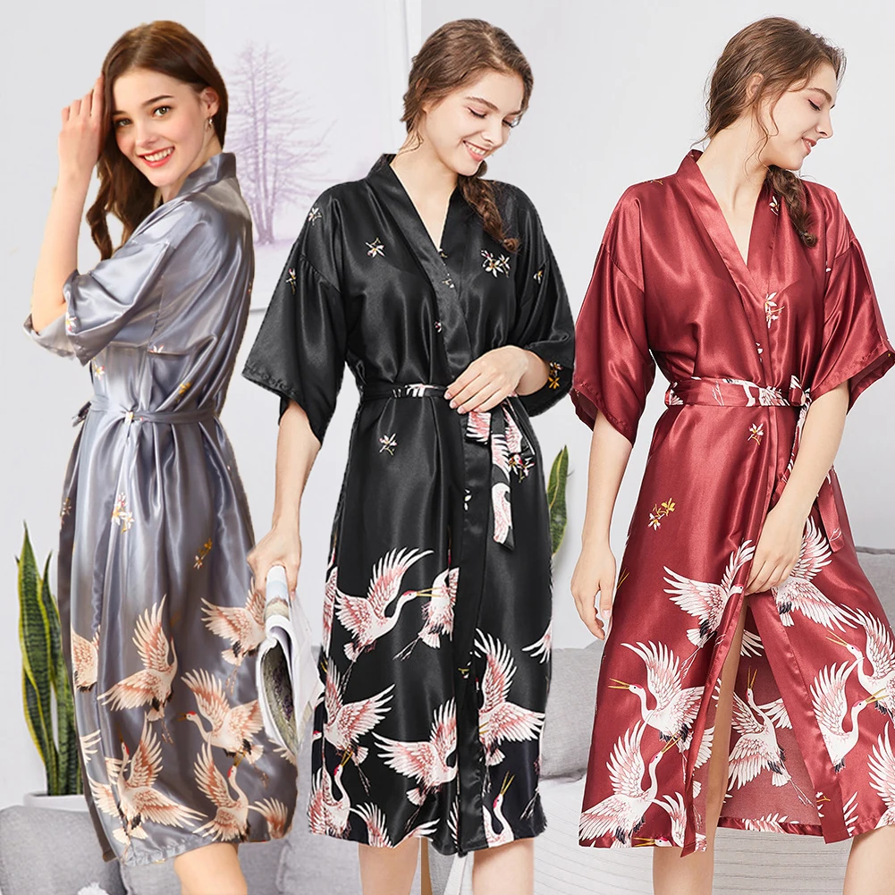 Женский Атласный халат подружки невесты кимоно сексуальная ночная рубашка пижамы халат большие размеры
