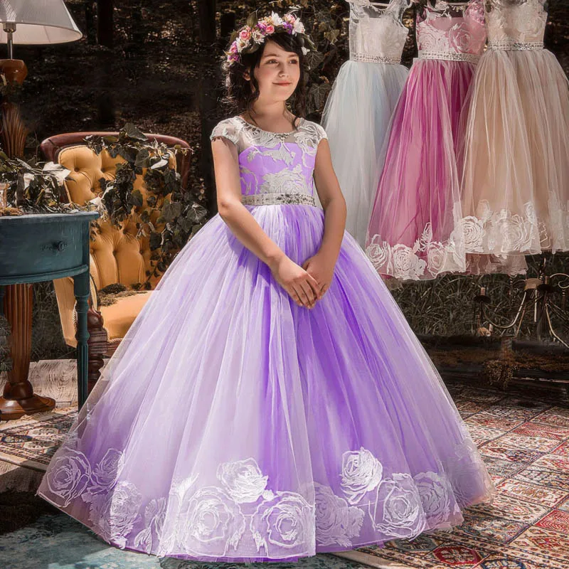 Пышное кружевное свадебное платье подружки невесты с цветами костюм принцессы для девочек-подростков бальное платье для выпускного вечера; вечерние платья для детей 14 лет; WGLC22407 - Цвет: purple