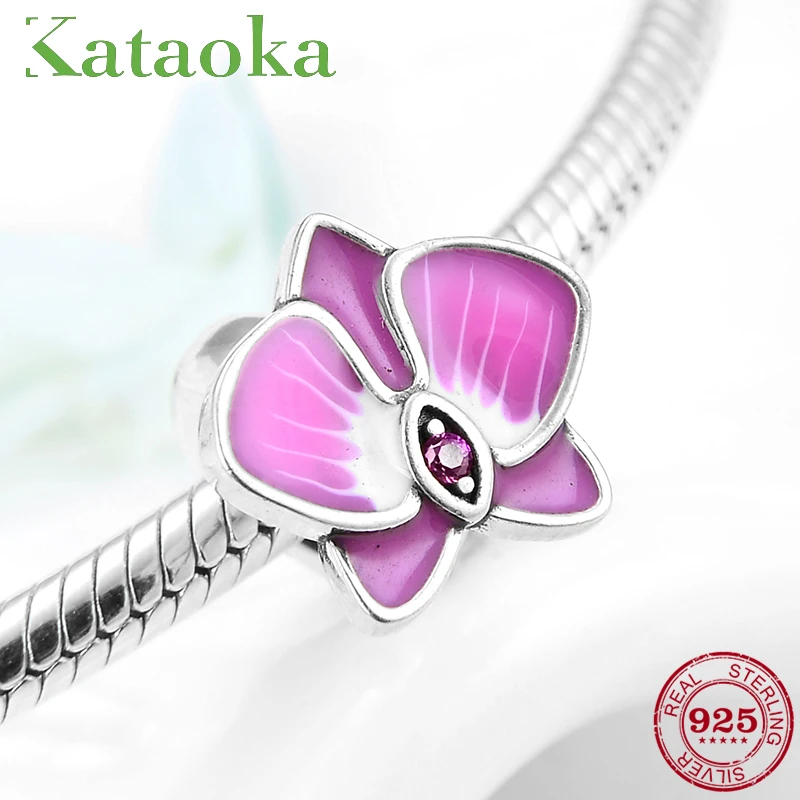 

925 Sterling Silver Pink Enamel Phalaenopsis Charms Stopper Spacer Beads fit Charm Pandora Women Bracelets DIY Jewelry Making