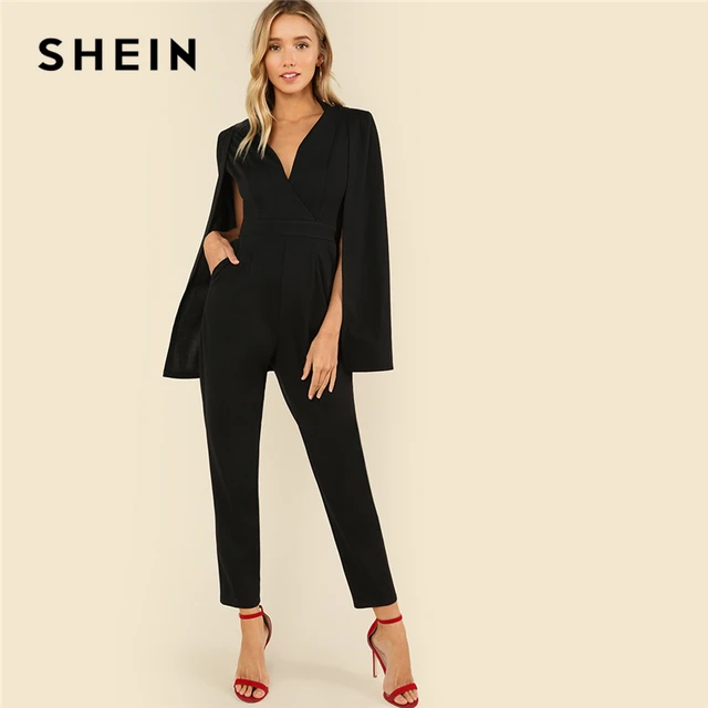 Черный праздничный элегантный однотонный комбинезон-макси shein, с накидкой с глубоким v-образным вырезом, с накидкой с длинными рукавами и высокой талией, осенний женский повседневный комбинезон