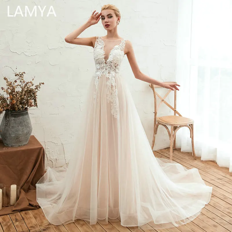 

LAMYA Elegant A Line Wedding Dress Off The Shoulder Vestidos de novia Vintage Lace V Neck Bridal Gown Backless Wedding Dresses