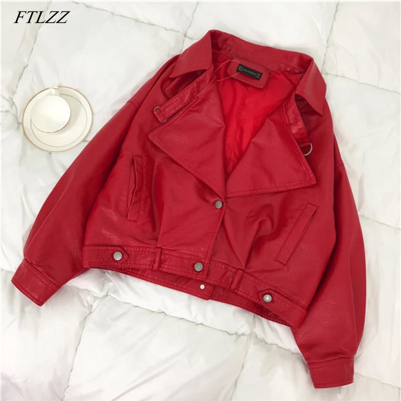 

Ftlzz Autumn Faux Leather Jacket Women Loose Turndown Collar Single Breasted Motorcycle Leather Coats