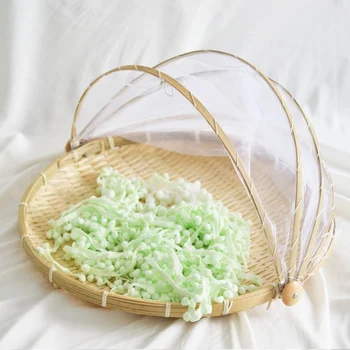 

Hand-Woven Food Serving Round Bamboo Tent Basket Tray Fruit Vegetable Bread Storage Container With Mesh Cover