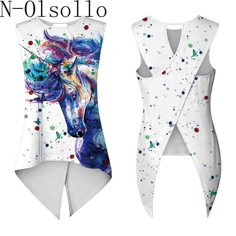

N-olsollo Harajuku Blue Oil Painting 3D Cartoon Swallow Tail Back Across Sexy Tops 2018 Summer Clothing Women Shirt Sleeveless