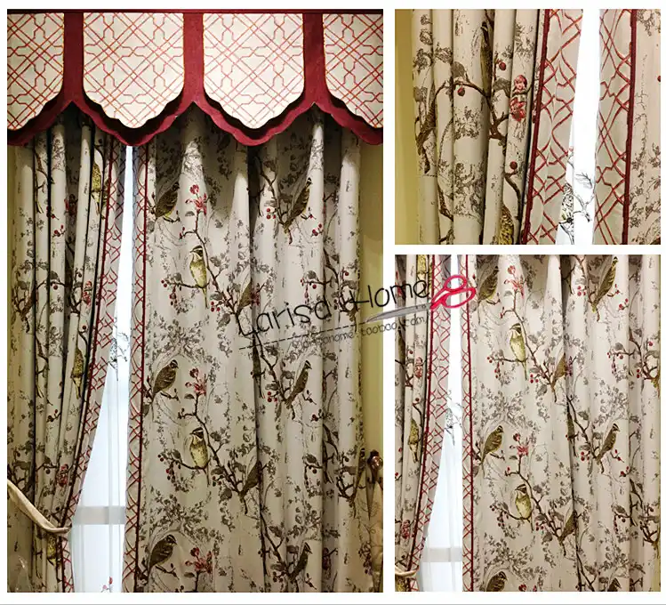 Vintage Birds Trees Jacquard Woven Linen Like Curtain Drapery