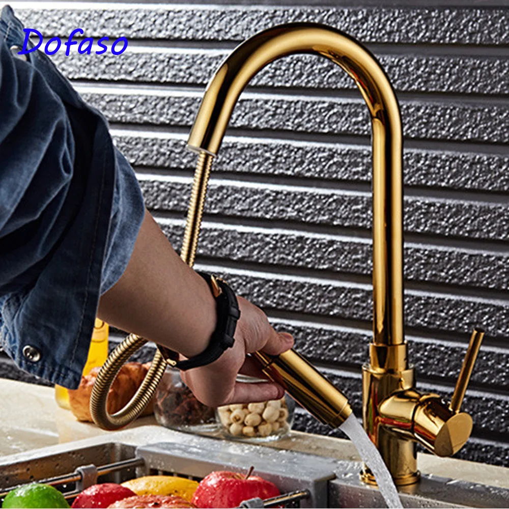

Dofaso kitchen sink Faucet Gold Pull Out Torneira All Around Rotate Swivel cold and hot Water mixer taps