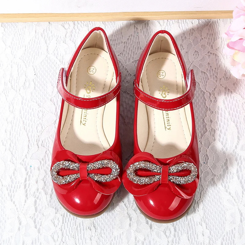 IYEAL/модная обувь для больших девочек с блестками и бантом, розовые, Красные Кожаные слипоны, детская обувь на плоской подошве для принцессы, обувь для девочек, размер 6-13,5