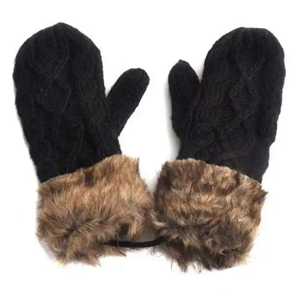 MYPF-Warm Ladies Rag Wool Winter Snow Mittens Knitted Fleece Lined Fur Gloves-Gray