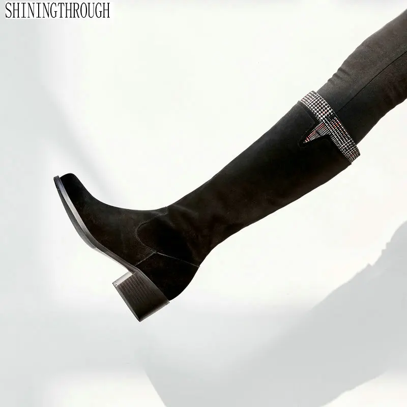 

2018 Knee High Boots Winter Women Shoe Elegant Boots genuine leather Square low Heel Fashion Ladies Long Boots Size 34-43
