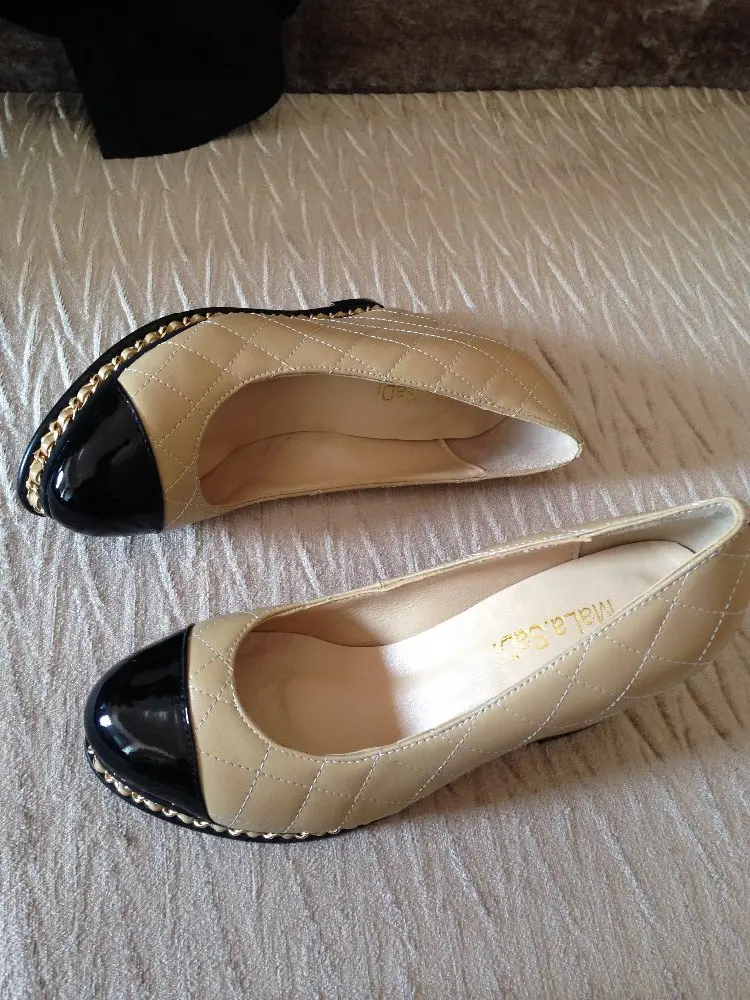 Fashion Women Office Lady Pumps Ling Genuine Leather High Heels Wedges Gold Color Chain Round Toe Shoes Size 35-40