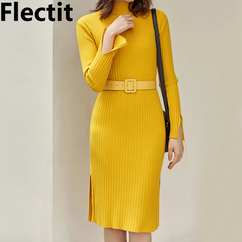 

Flectit Fall Winter Women Ribbed Knit Sweater Dress Warm Thick Long Sleeve Turtleneck with Belt Bodycon Dress Plus Size