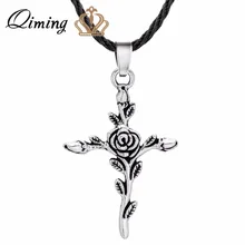 Viking Antique Silver Rose Colar de Cruz Mulheres Homens Jesus Cristo Cristãos Presentes da Jóia Flor Deixar Vintage Jóias Religiosas(Hong Kong,China)